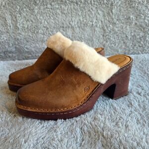 Born Womens Size 11 Hope Genuine Shearling Trim Rust Tobacco Leather Clogs Mules